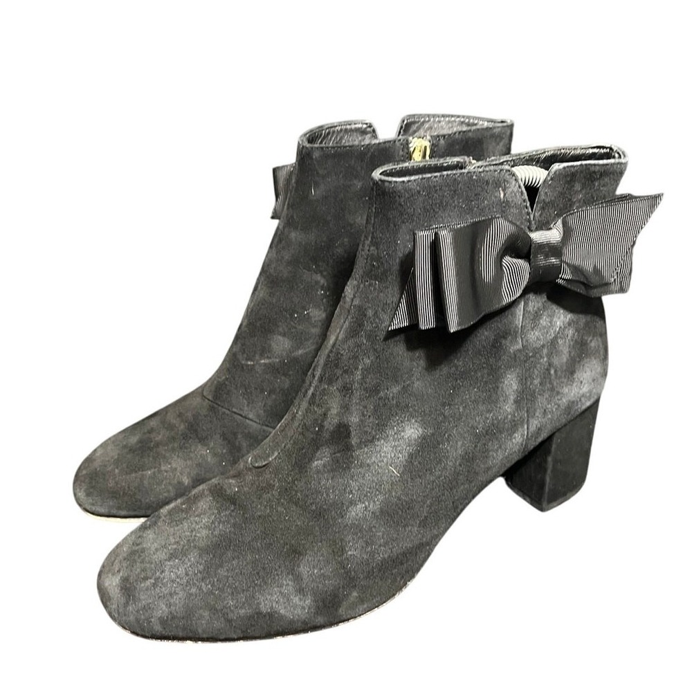 Kate Spade Ankle Boots Womens 9.5M Black Suede Bow Side Zip Block Heel - Picture 1 of 7